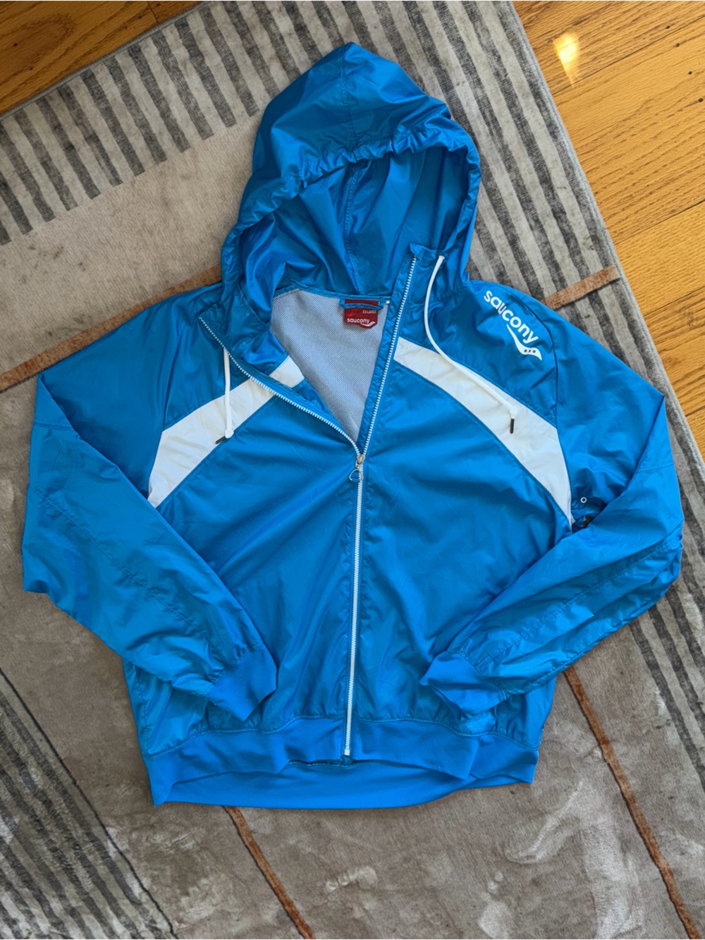 Saucony Bright Blue and White Hooded Windbreaker Jacket sz XXL